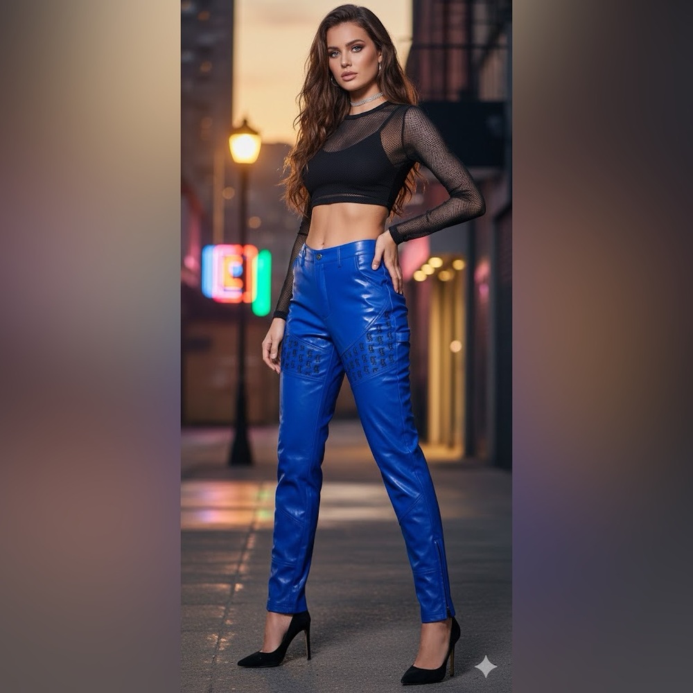 Vibrant Blue Leather Skinny Pants